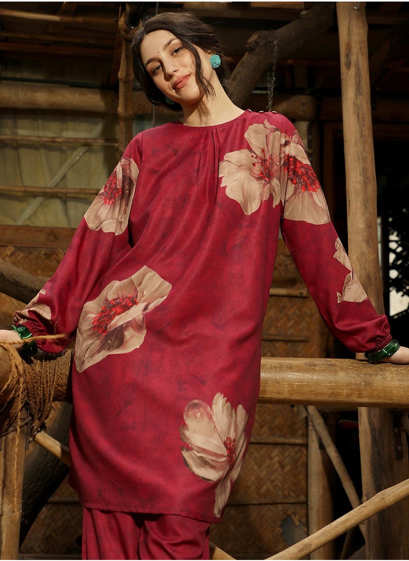  قصة - Women's Rouge Pink Poppy Flora Kurti With Trousers - Image 1