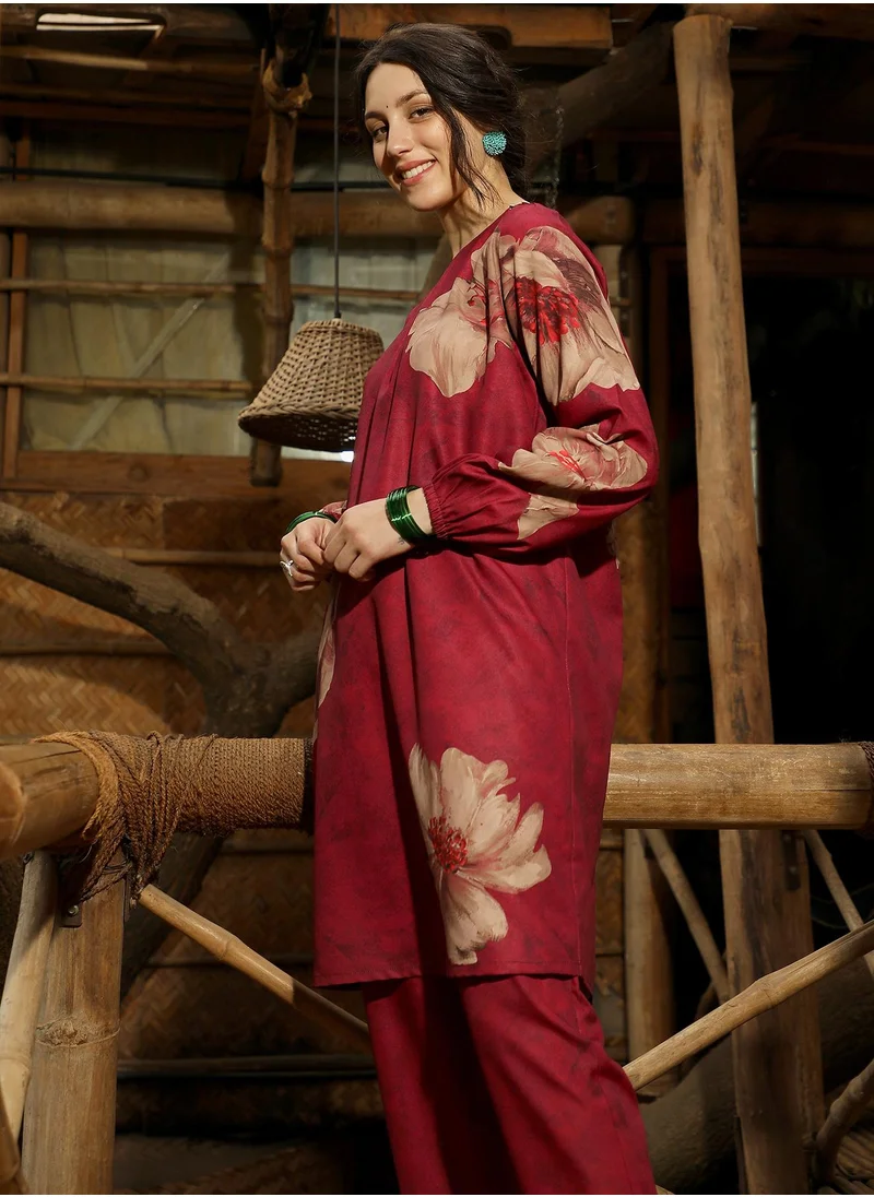 QISSA Women's Rouge Pink Poppy Flora Kurti With Trousers