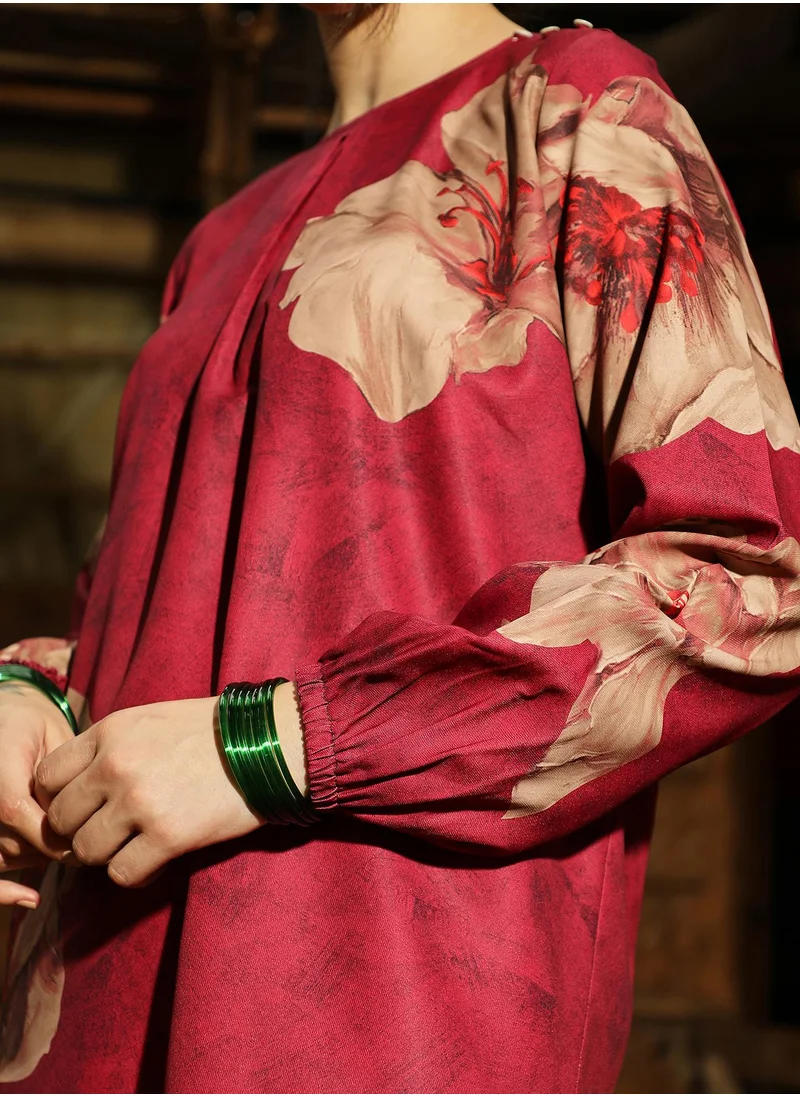 QISSA Women's Rouge Pink Poppy Flora Kurti With Trousers