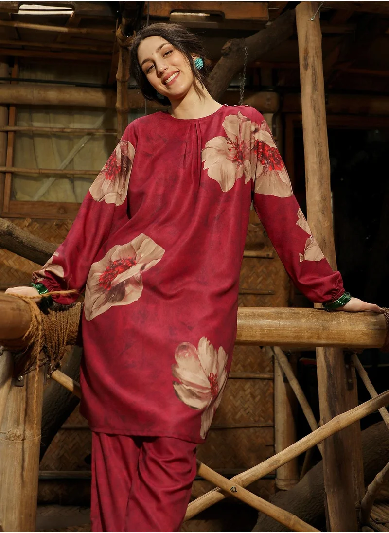 QISSA Women's Rouge Pink Poppy Flora Kurti With Trousers