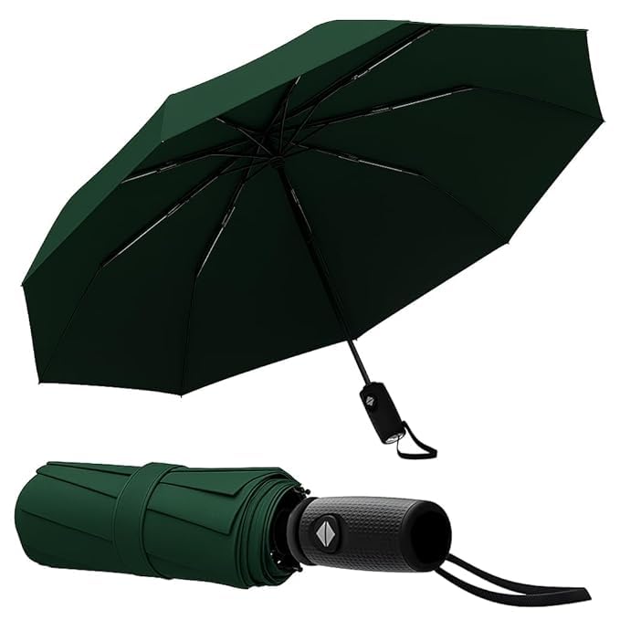 LACOSSI UV Umbrella with Novelty Carabiner Handle, Travel Umbrellas for Rain and Sun Windproof Compact, Automatic Open Close, 8 Ribs, Portable Umbrella for Men and Women (L-Green) - Image 1