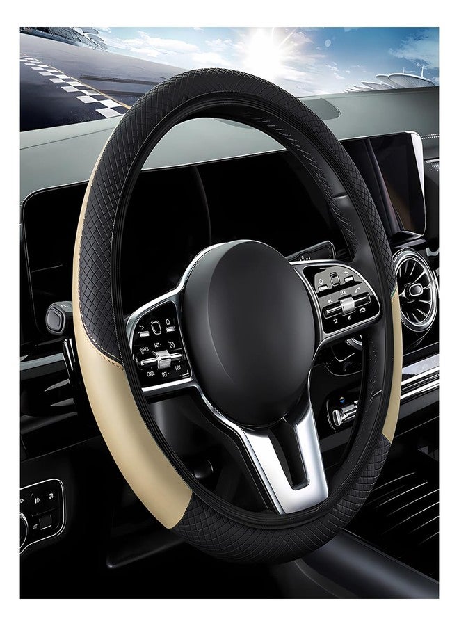 DXNQ Car Steering Wheel Cover, 15 Inch Carbon Fiber Leather Stitching Color Steering Wheel Protector, Anti-Slip Elastic Breathable Steering Wheel Cover Stylish Decor for Most Cars (Beige, AD) - Image 1
