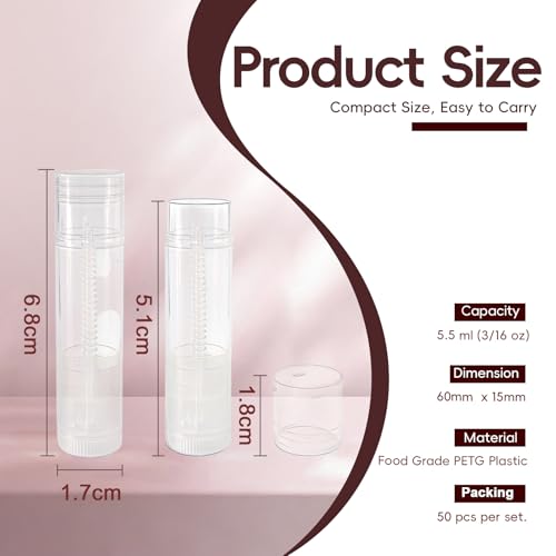 Pilloze 50 PCS Clear Lip Balm Tubes Empty, 5.5ml Twist-up Chapstick Tubes with Caps, Portable BPA-Free & Leak-Proof Lip Balm Containers Bulk for DIY Homemade Lipstick, Chapstick, Solid Perfume - Image 2