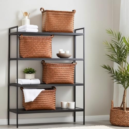 GIB cleaningtool GIB Large Wicker Storage Baskets for Shelves Clothes Blankets Basket Woven Laundry Basket for Organizing, Decorative Rectangular Closet Organizers and Storage Bins with Handles, Brown, 4 Pack - Image 4