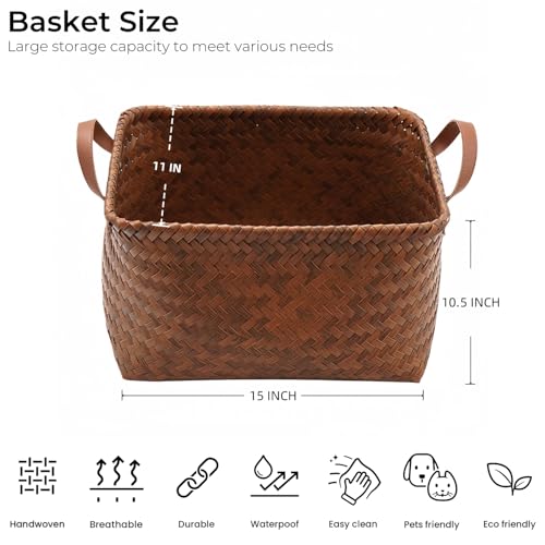 GIB cleaningtool GIB Large Wicker Storage Baskets for Shelves Clothes Blankets Basket Woven Laundry Basket for Organizing, Decorative Rectangular Closet Organizers and Storage Bins with Handles, Brown, 4 Pack - Image 2