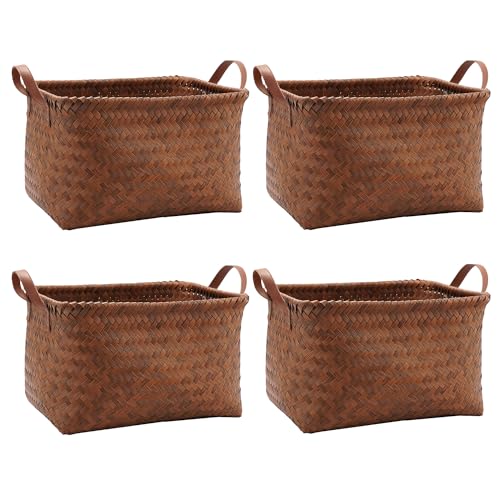 GIB cleaningtool GIB Large Wicker Storage Baskets for Shelves Clothes Blankets Basket Woven Laundry Basket for Organizing, Decorative Rectangular Closet Organizers and Storage Bins with Handles, Brown, 4 Pack - Image 1