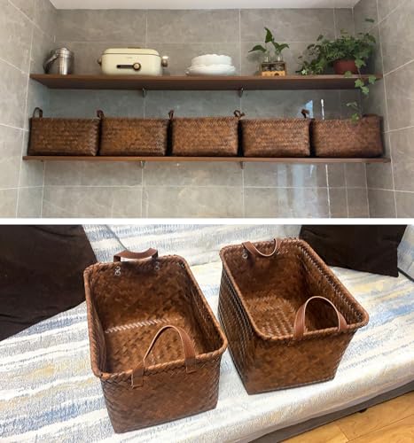 GIB cleaningtool GIB Large Wicker Storage Baskets for Shelves Clothes Blankets Basket Woven Laundry Basket for Organizing, Decorative Rectangular Closet Organizers and Storage Bins with Handles, Brown, 4 Pack - Image 5