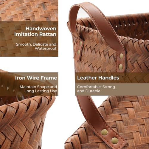 GIB cleaningtool GIB Large Wicker Storage Baskets for Shelves Clothes Blankets Basket Woven Laundry Basket for Organizing, Decorative Rectangular Closet Organizers and Storage Bins with Handles, Brown, 4 Pack - Image 3