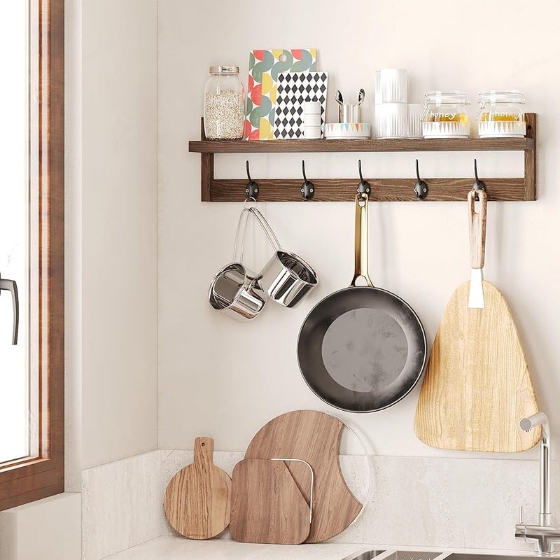 AMBIRD Wall Hooks with Shelf 28.9 Inch Length Entryway Wall Hanging Shelf Wood Coat Hooks for Wall with Shelf Wall-Mounted Coat Hook Rack with 5 Dual Hooks for Bathroom, Living Room, Bedroom (Brown) - Image 5
