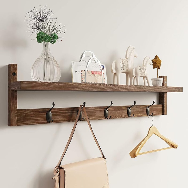 AMBIRD Wall Hooks with Shelf 28.9 Inch Length Entryway Wall Hanging Shelf Wood Coat Hooks for Wall with Shelf Wall-Mounted Coat Hook Rack with 5 Dual Hooks for Bathroom, Living Room, Bedroom (Brown) - Image 1