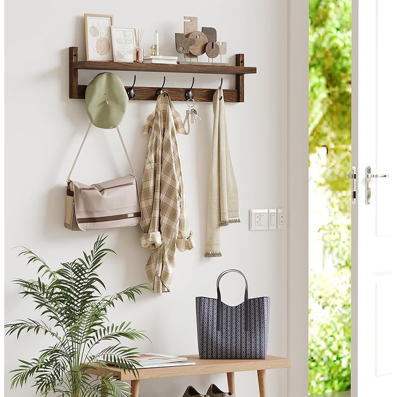 AMBIRD Wall Hooks with Shelf 28.9 Inch Length Entryway Wall Hanging Shelf Wood Coat Hooks for Wall with Shelf Wall-Mounted Coat Hook Rack with 5 Dual Hooks for Bathroom, Living Room, Bedroom (Brown) - Image 3
