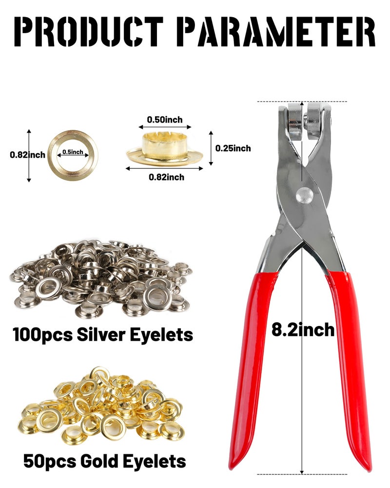 MoHern 150Pcs 1/2 Inch Grommet Tool Kit, Grommet Kit, Eyelet Kit with Leather Hole Punch Pliers, 150 Metal Eyelets and Grommets in Gold and Silver for Leather, Shoes, Fabric, Belt - Image 2