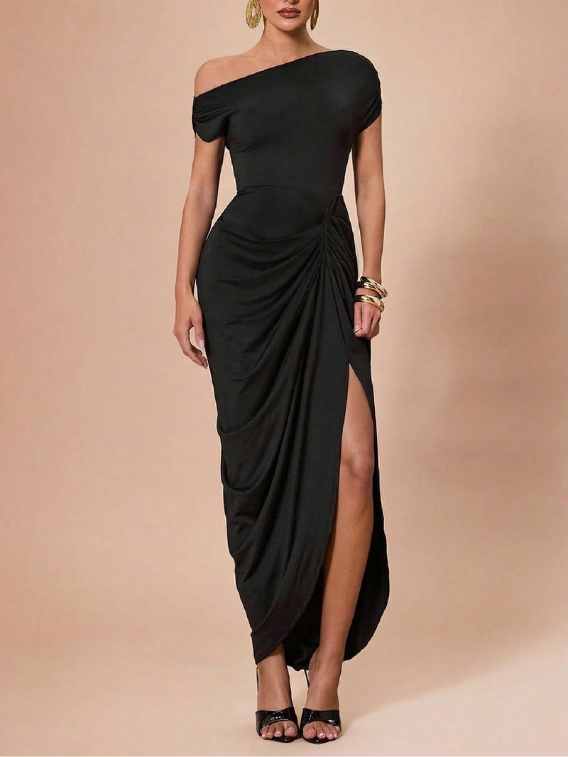 Floerns Women's Elegant Long Dress Asymmetrical Off Shoulder Ruched Slit Bodycon Cocktail Dresses Black X-Large - Image 2