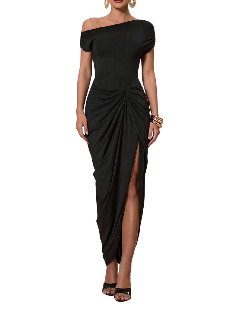 Floerns Women's Elegant Long Dress Asymmetrical Off Shoulder Ruched Slit Bodycon Cocktail Dresses Black X-Large - Image 1
