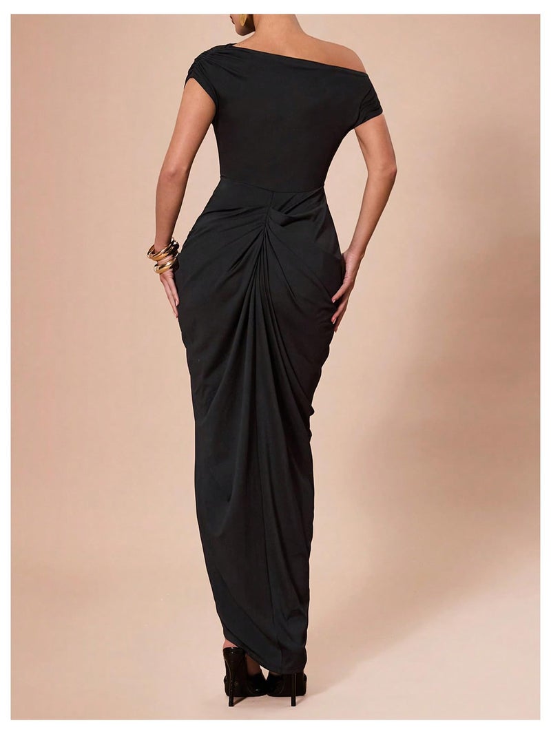 Floerns Women's Elegant Long Dress Asymmetrical Off Shoulder Ruched Slit Bodycon Cocktail Dresses Black X-Large - Image 4