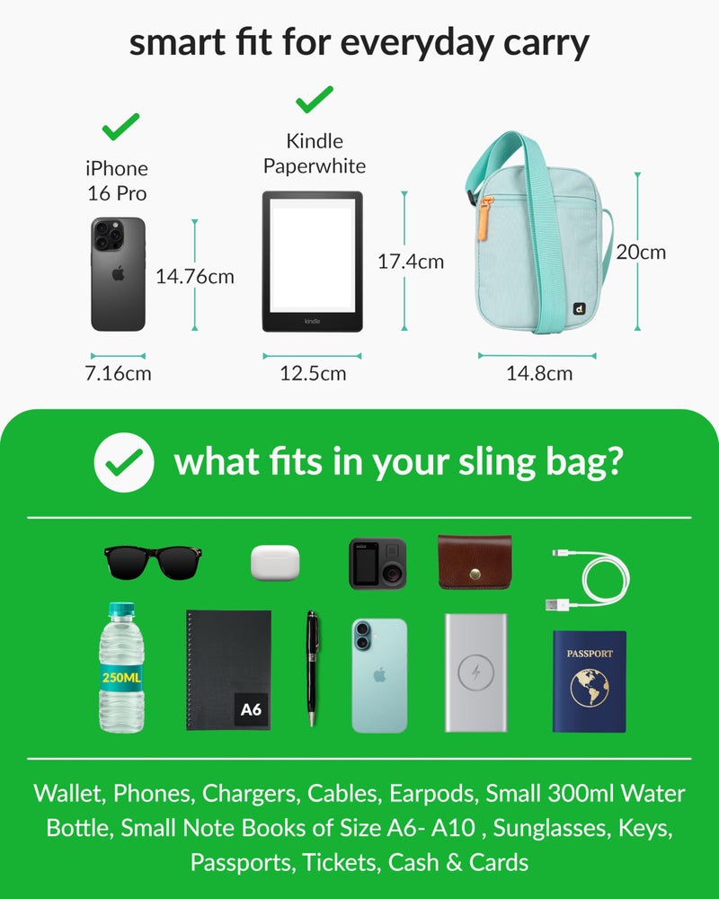 Destinio Small Crossbody Sling Bag for Men and Women - Waterproof Pocket and Zippers, Anti Theft Locking - Stylish Mini Side Bag for Man for Mobile, Passport (Teal Blue, Small) - Image 3