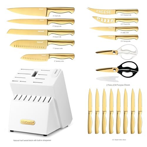McCook® Kitchen Knife Sets, Golden Titanium Stainless Steel Knives Block Set with Built-in Sharpener - Image 2