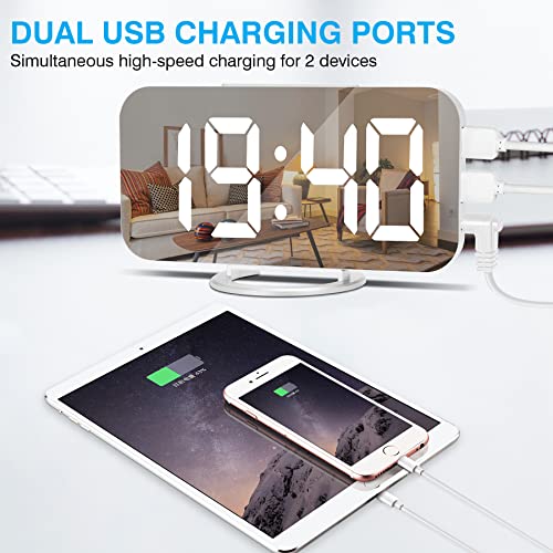 Sukeen Digital Alarm Clock,6" Large LED Display with Dual USB Charger Ports | Auto Dimmer Mode | Easy Snooze Function, Modern Mirror Desk Wall Clock for Bedroom Home Office for All People (White) - Image 4