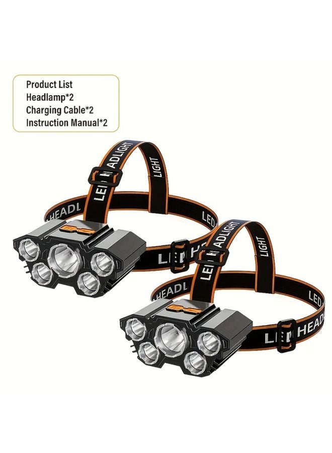 2 Pack Rechargeable Headlamps 5 LED Ultra Bright Lightweight USB 3 Modes - Image 1