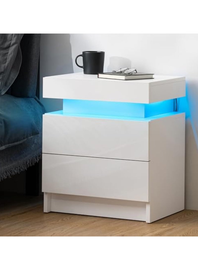 POWER LED Nightstand White Nightstand with Led Lights Modern Night Stand with 2 High Gloss Drawers Led Bedside Table Smart Nightstand for Bedroom 20.5” Tall - Image 1