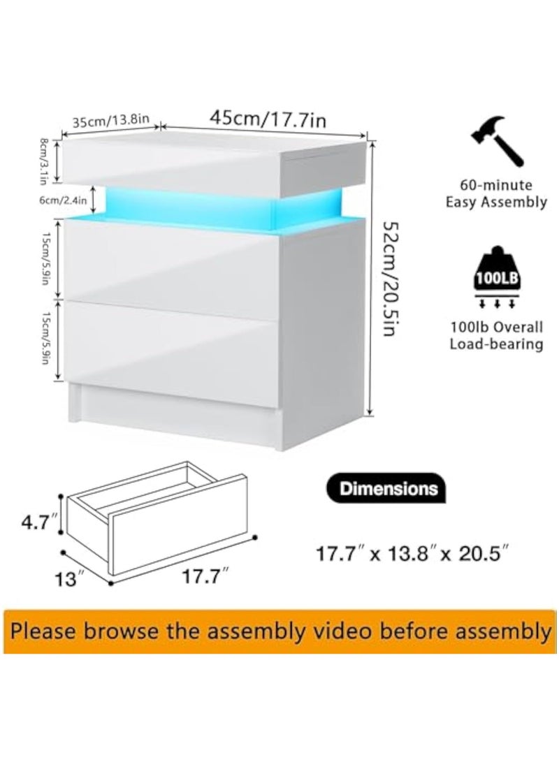 POWER LED Nightstand White Nightstand with Led Lights Modern Night Stand with 2 High Gloss Drawers Led Bedside Table Smart Nightstand for Bedroom 20.5” Tall - Image 2