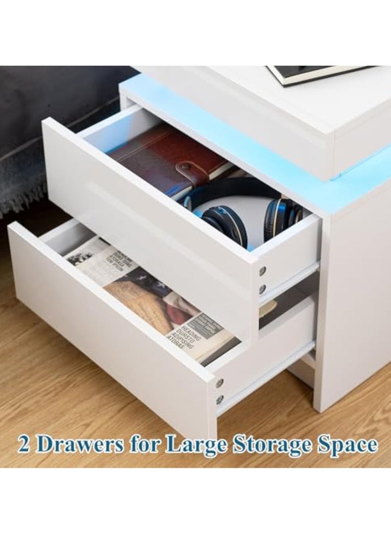 POWER LED Nightstand White Nightstand with Led Lights Modern Night Stand with 2 High Gloss Drawers Led Bedside Table Smart Nightstand for Bedroom 20.5” Tall - Image 4