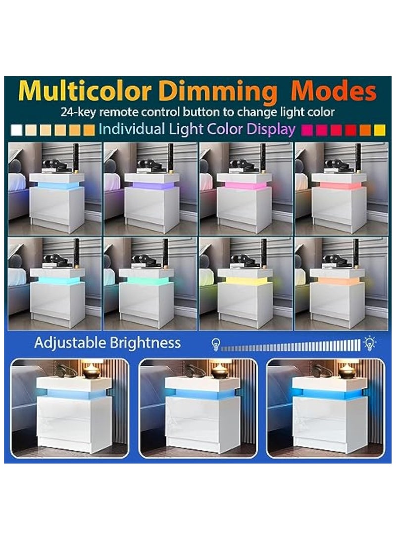POWER LED Nightstand White Nightstand with Led Lights Modern Night Stand with 2 High Gloss Drawers Led Bedside Table Smart Nightstand for Bedroom 20.5” Tall - Image 3