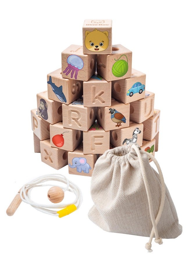 Bimi Boo Bimi Boo Large Wooden Alphabet Lacing Beads for Toddlers - ABC Fine Motor Threading Toy with Objects & Animals (26 Stringing Blocks, 2 Ropes, Cotton Bag)  - Image 5