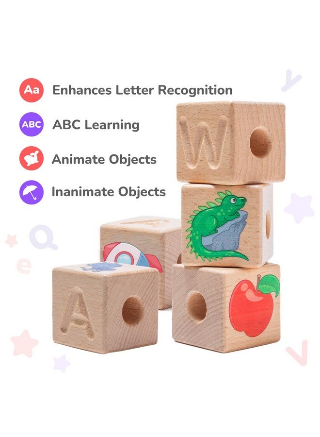 Bimi Boo Bimi Boo Large Wooden Alphabet Lacing Beads for Toddlers - ABC Fine Motor Threading Toy with Objects & Animals (26 Stringing Blocks, 2 Ropes, Cotton Bag)  - Image 4