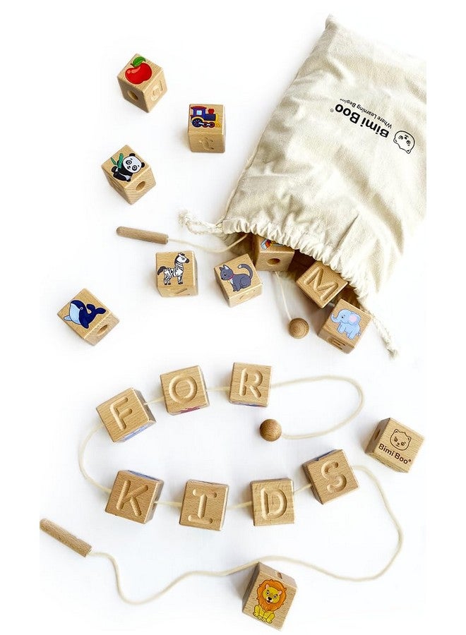 Bimi Boo Bimi Boo Large Wooden Alphabet Lacing Beads for Toddlers - ABC Fine Motor Threading Toy with Objects & Animals (26 Stringing Blocks, 2 Ropes, Cotton Bag)  - Image 1