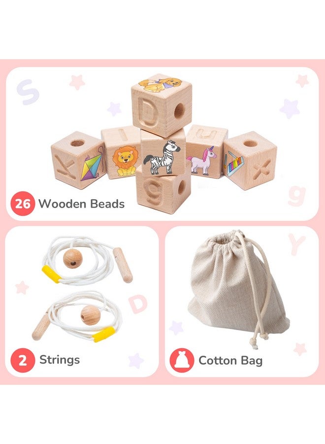 Bimi Boo Bimi Boo Large Wooden Alphabet Lacing Beads for Toddlers - ABC Fine Motor Threading Toy with Objects & Animals (26 Stringing Blocks, 2 Ropes, Cotton Bag)  - Image 3