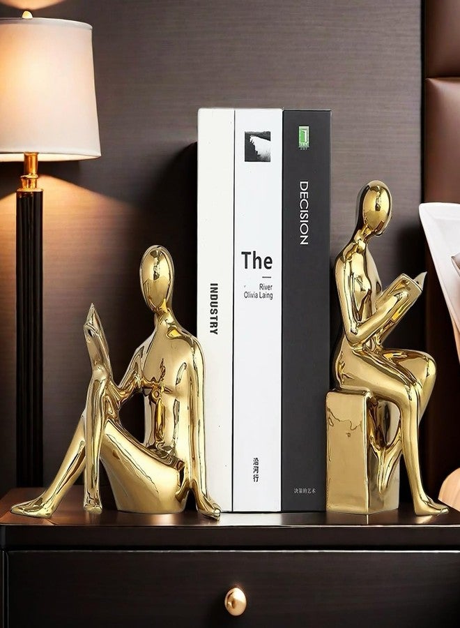 SHTWX Home Decorative Reading Book Statue Bookends Elegant Ceramic Bookshelf Room Office Desk Decor,Paper Weights, Book Ends,Bookend Supports, Book Stoppers, Set of 2 (Gold) - Image 1