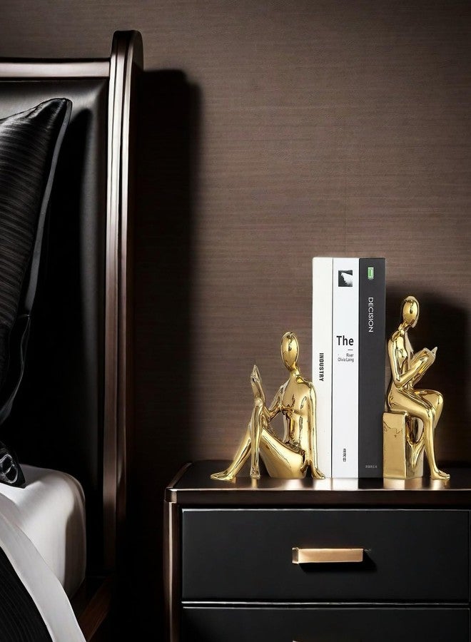 SHTWX Home Decorative Reading Book Statue Bookends Elegant Ceramic Bookshelf Room Office Desk Decor,Paper Weights, Book Ends,Bookend Supports, Book Stoppers, Set of 2 (Gold) - Image 2