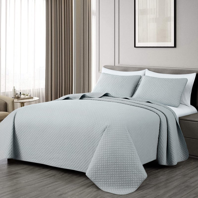 Chezmoi Collection Avon 3Piece 100 Cotton Quilt Set Queen Size Light Gray  Lightweight SoftFinished PreWashed Cotton Diamond Stitch Quilted Bedspread for All Season
