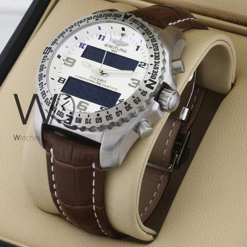 Breitling Chronograph White Watch for Men with Leather Belt with Brown Color 1139 - Image 1