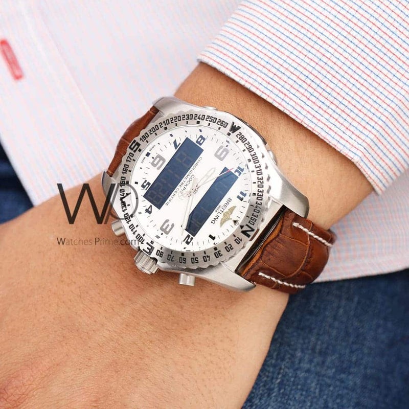 Breitling Chronograph White Watch for Men with Leather Belt with Brown Color 1139 - Image 3