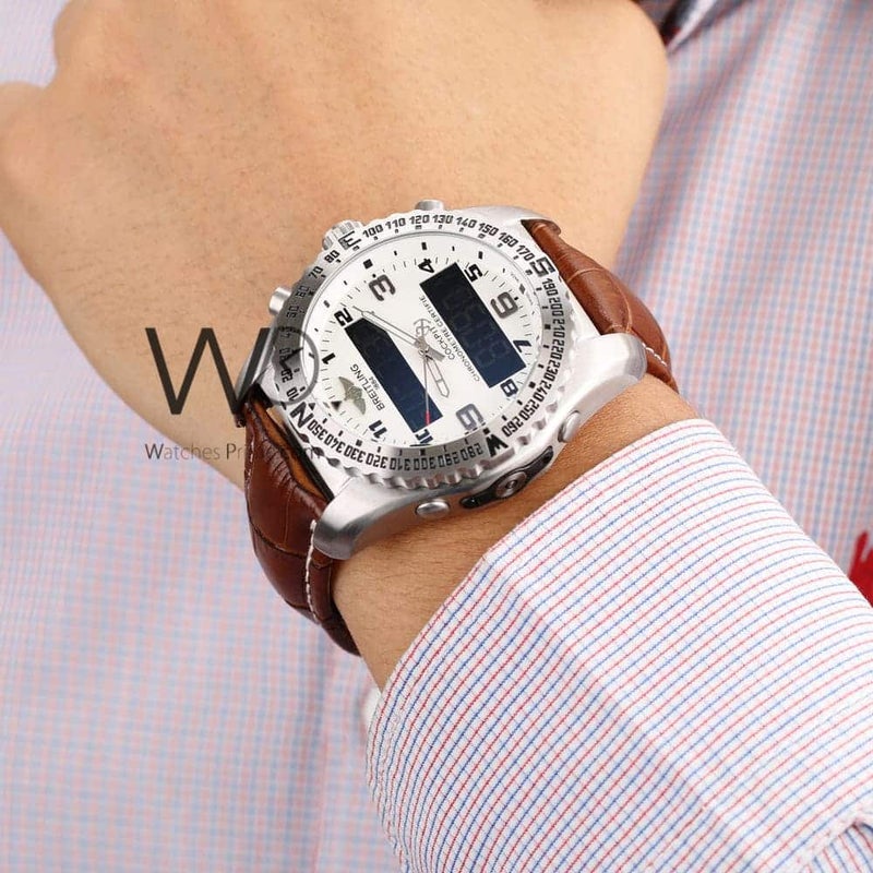 Breitling Chronograph White Watch for Men with Leather Belt with Brown Color 1139 - Image 2