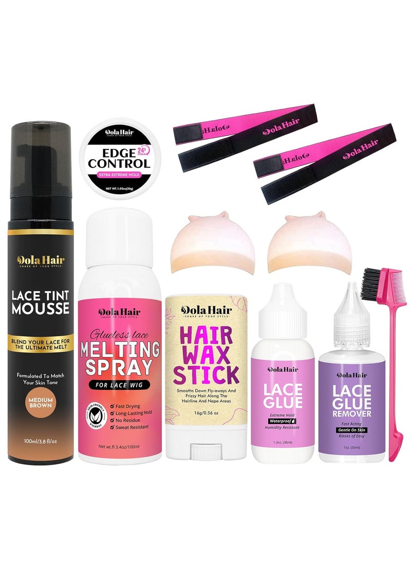 Dolahair Dolahair Lace Glue Kit - Complete Set with Lace Tint Mousse, Wig Installation & Melting Spray(Medium Brown) 