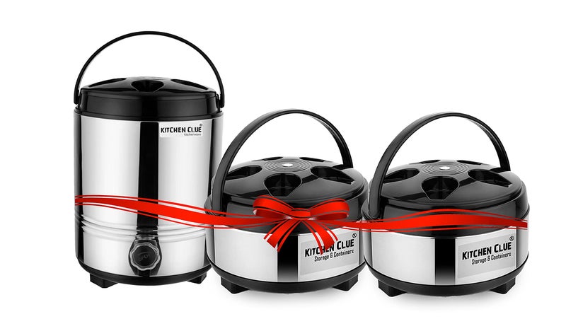 KITCHEN CLUE Stainless Steel insulated Water Jug 5 Liter And 2 Hot-Pot Box Casserole Food Warmer (Aqua-6 + Casserole 2500) Thermoware Combo Set Of 3 pcs - Thermosteel PUF insulated - Easy Carry Handle - Image 1