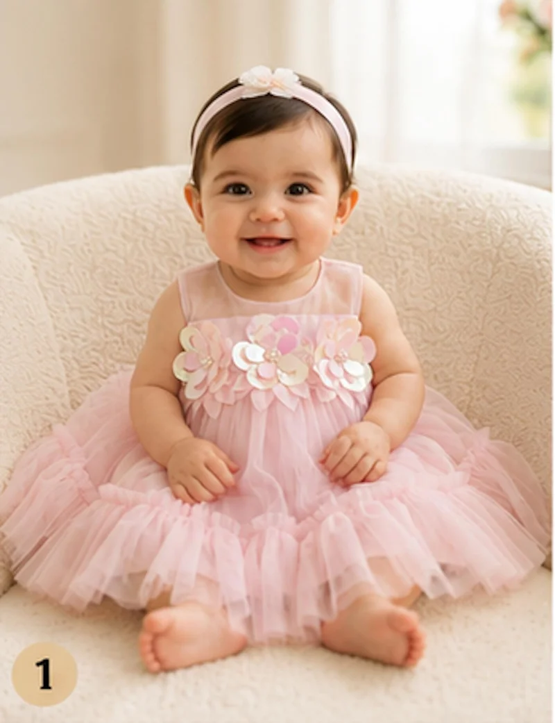 أرتيميا Artemea Baby Girls Floral Sequin Embellished Layered Mesh Party Dress - Pink