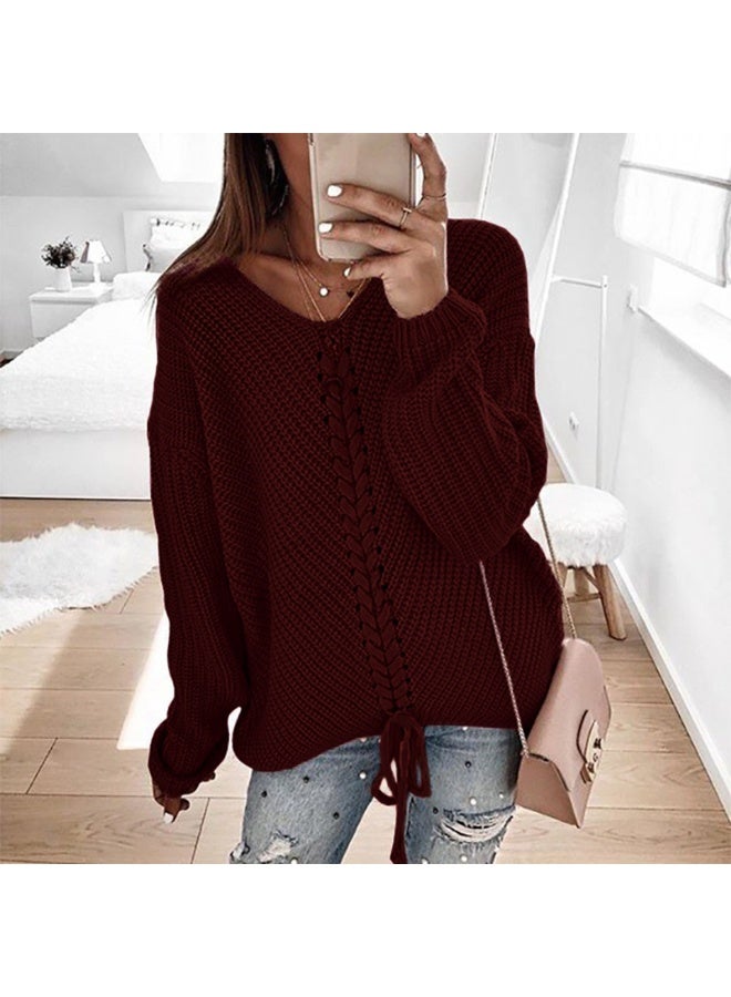 NIBEMINENT Autumn And Winter European And American Women's Long-sleeved Loose V-neck Drawstring Backless Pullover Knitted Sweater - Image 1