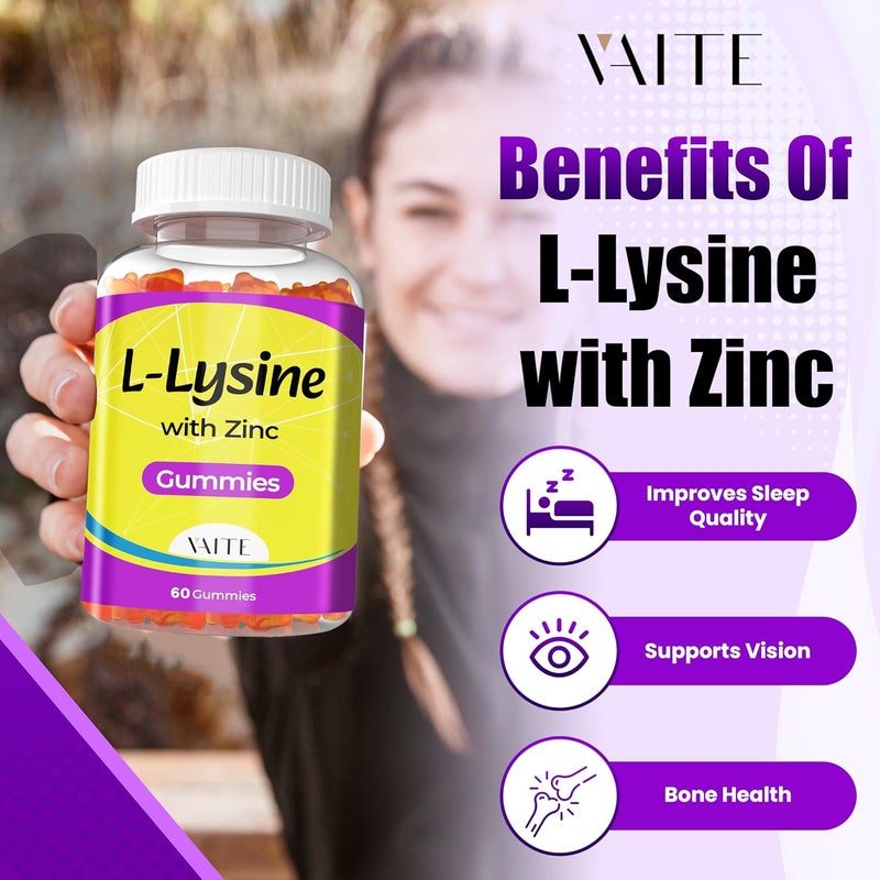VAITE L Lysine Gummies 1000mg with Zinc  Supports Skin Lip Vegan Gluten Free 60 Chewable LLysine for Adults Vitamins Tissue Health  Immune System Amino Acid  Complex Supplements NonGMO - Image 2
