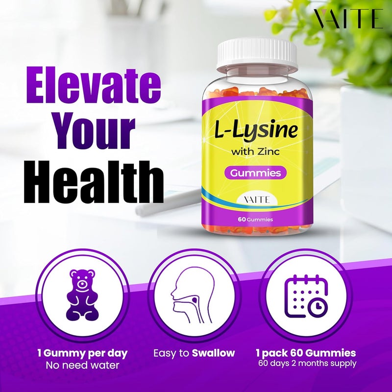 VAITE L Lysine Gummies 1000mg with Zinc  Supports Skin Lip Vegan Gluten Free 60 Chewable LLysine for Adults Vitamins Tissue Health  Immune System Amino Acid  Complex Supplements NonGMO - Image 4