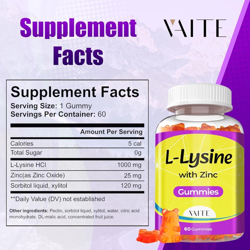VAITE L Lysine Gummies 1000mg with Zinc  Supports Skin Lip Vegan Gluten Free 60 Chewable LLysine for Adults Vitamins Tissue Health  Immune System Amino Acid  Complex Supplements NonGMO - Image 3