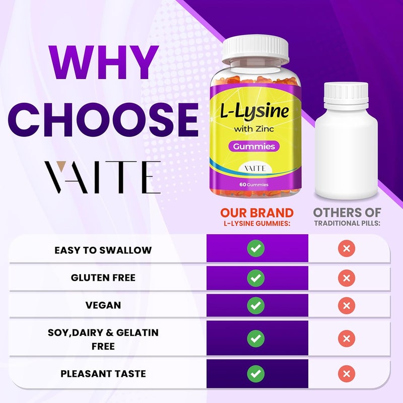 VAITE L Lysine Gummies 1000mg with Zinc  Supports Skin Lip Vegan Gluten Free 60 Chewable LLysine for Adults Vitamins Tissue Health  Immune System Amino Acid  Complex Supplements NonGMO - Image 5