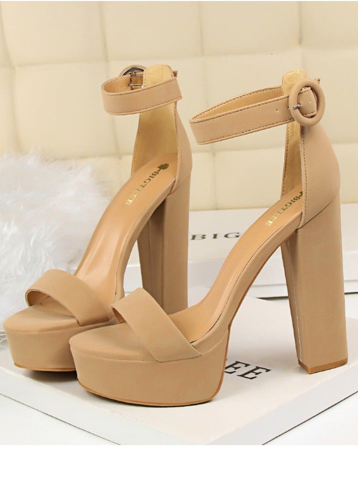 BIGTREE Women's Thick Heeled High Heels With Waterproof Platform Open Toe Chunky Heel Sandals Shoes With Adjustable Buckle Khaki - Image 1