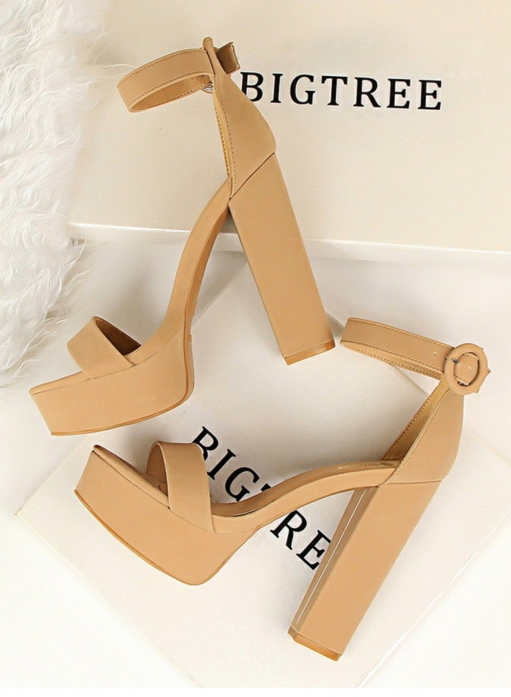 BIGTREE Women's Thick Heeled High Heels With Waterproof Platform Open Toe Chunky Heel Sandals Shoes With Adjustable Buckle Khaki - Image 4