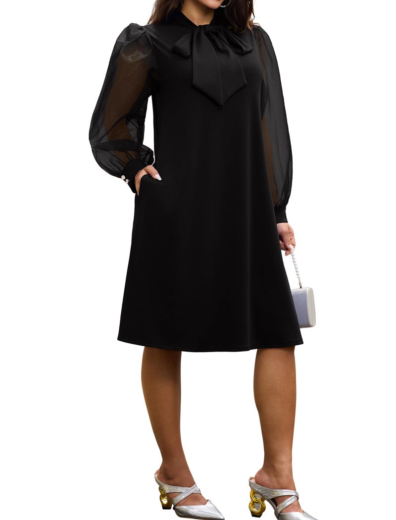 Ekaliy Women's Puff Sleeves A-Line Dress V Neck Bow Loose Flowy Cocktail Party Dress with Pockets Black 3XL - Image 2