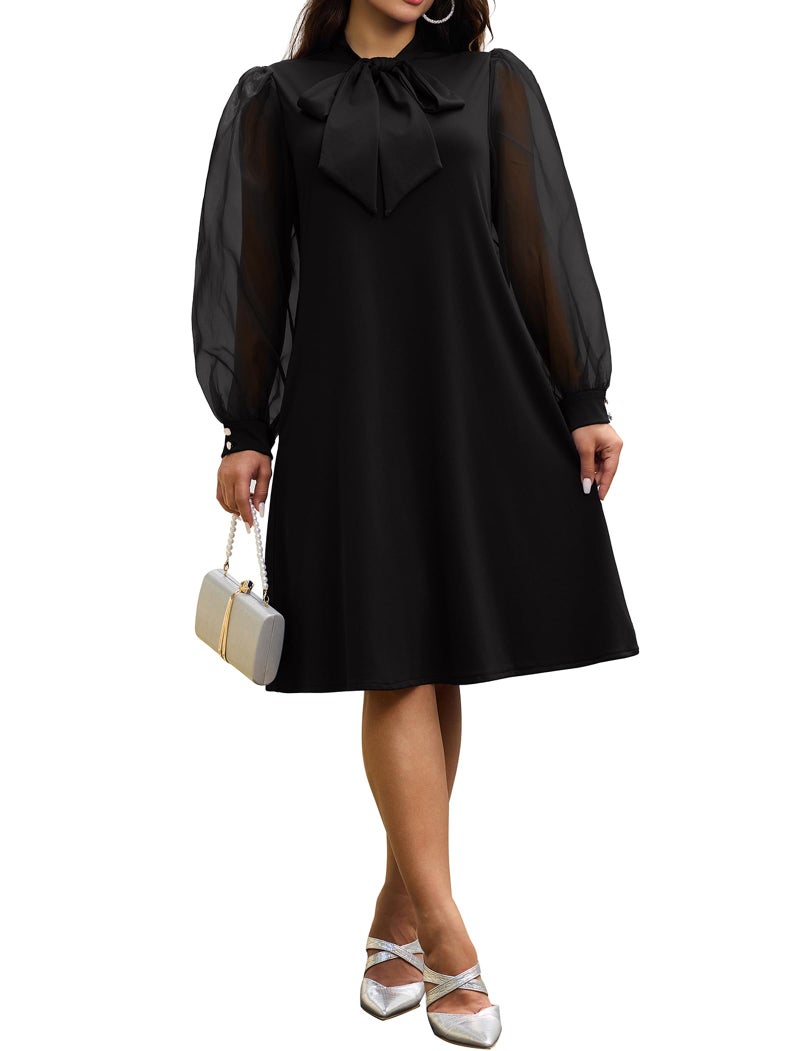 Ekaliy Women's Puff Sleeves A-Line Dress V Neck Bow Loose Flowy Cocktail Party Dress with Pockets Black 3XL - Image 5