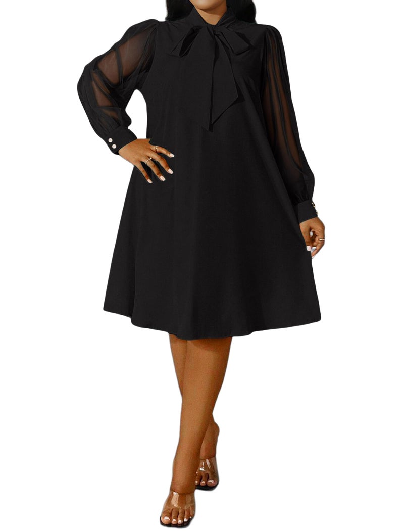 Ekaliy Women's Puff Sleeves A-Line Dress V Neck Bow Loose Flowy Cocktail Party Dress with Pockets Black 3XL - Image 1